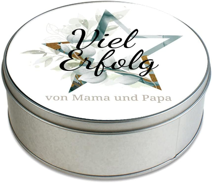 STEMPEL-FABRIK – personalisierbare runde Dose mit Name oder Wunschtext – Aquarell Motiv mit grünem S