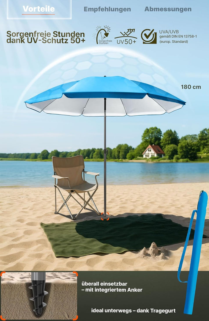 4smile Sonnenschirm für Strand und Balkon Ø 180 cm, Blau - UPF 50+ Balkonschirm SunnyJoy, Strandschi