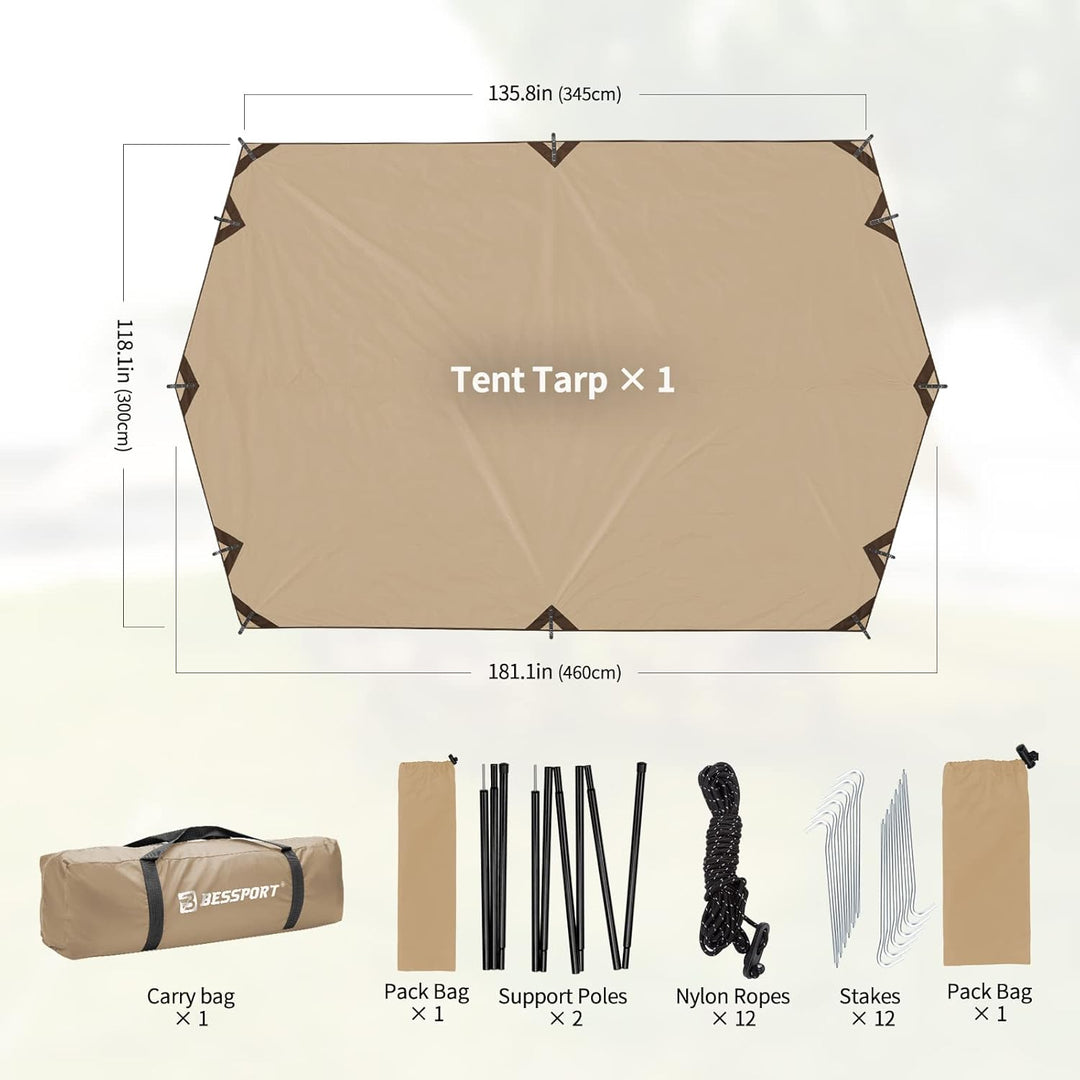 Bessport Tarp, Zeltplane Wasserdicht, 3x4.6m Mit Stützstange, Erdnägeln und Nylonschnur, Ultraleicht