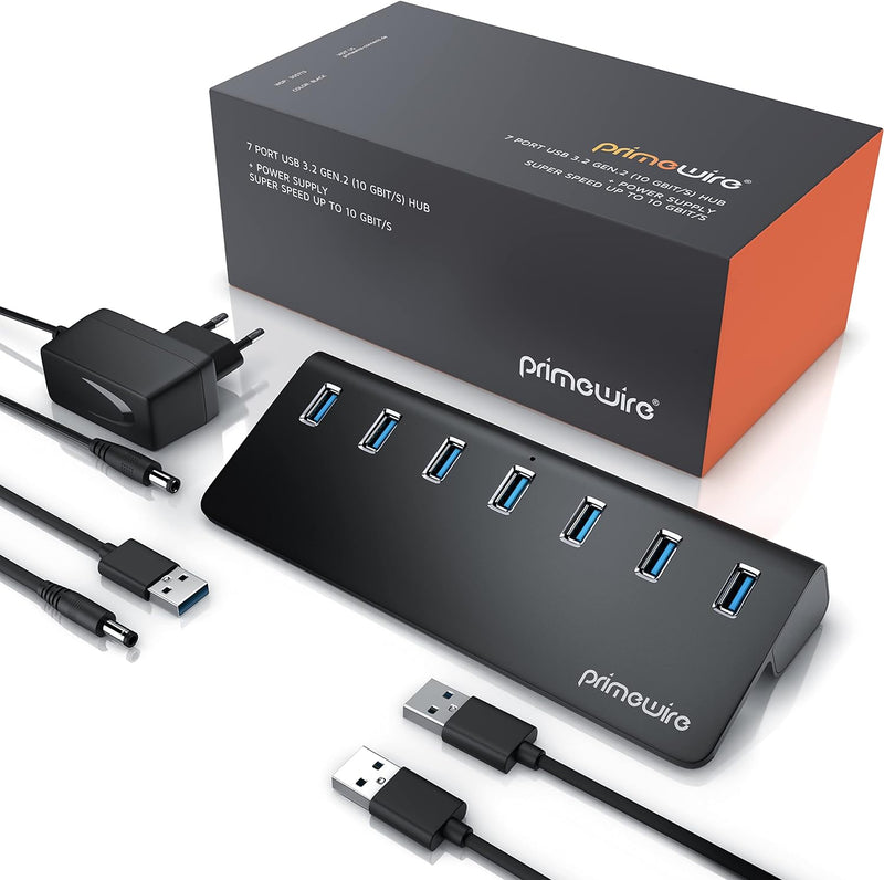 CSL - 7 Port USB 3.2 Gen.2 Hub Aktiv - 10 GBit/s - 7 Port Verteiler mit Netzteil - USB 3.0 USB 3.2 G