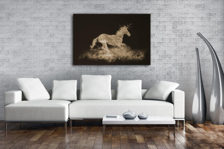 Einhorn galoppiert über den Wolken Format: 80x60 Effekt: Sepia als Leinwand, Motiv fertig gerahmt au