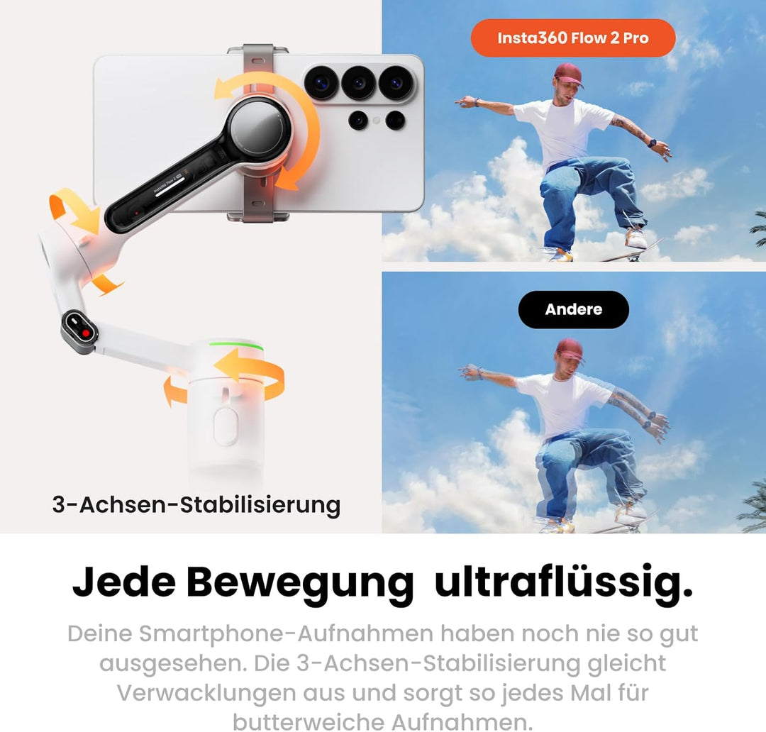 Insta360 Flow 2 Pro Creator Bundle Grau - Faltbarer AI Gimbal, Apple DockKit, 360º-Pan-Tracking, fre