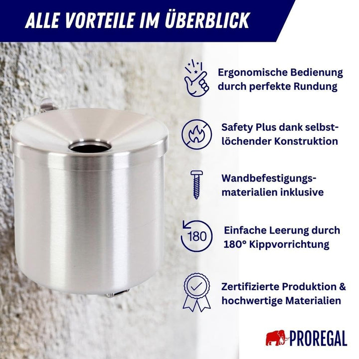 PROREGAL Runder Sicherheits-Wandaschenbecher mit Kippvorrichtung | 2 Liter, HxØ 16x16cm | Edelstahl