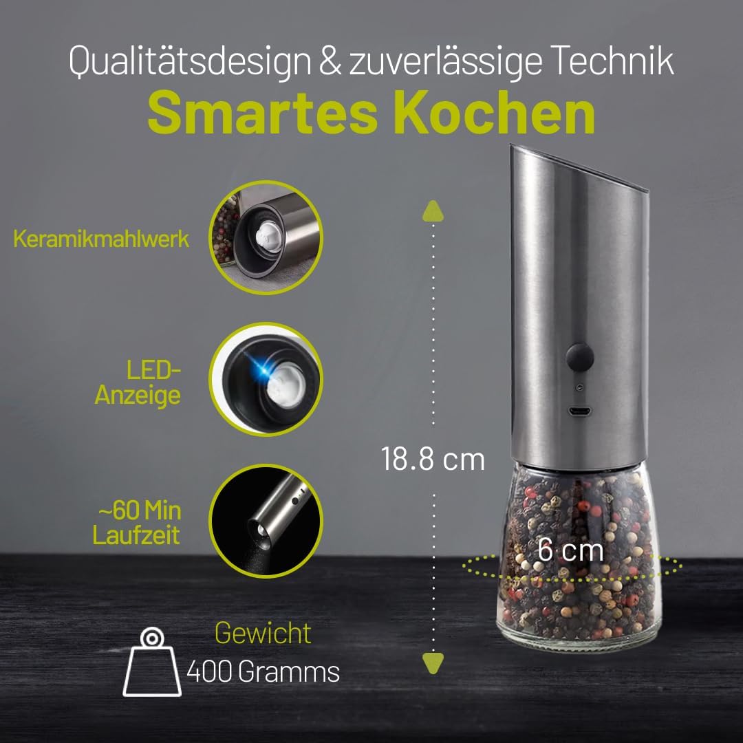 Salz und Pfeffermühle Elektrisch mit Wiederaufladbaren Akkus, Einstellbarem Mahlgrad für Gewürze, Sa