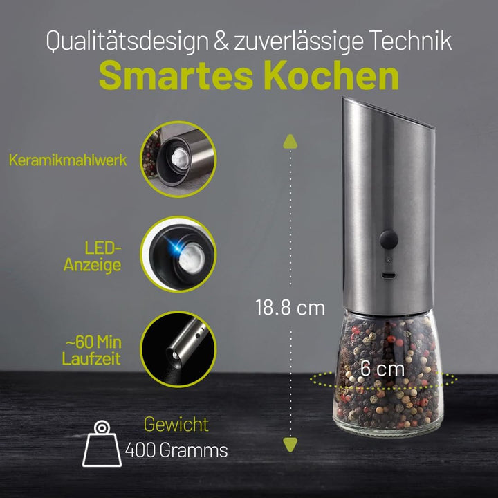Salz und Pfeffermühle Elektrisch mit Wiederaufladbaren Akkus, Einstellbarem Mahlgrad für Gewürze, Sa