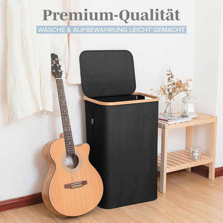 Lonbet - Black Laundry Baskets with Lid - XL 100 L - Large Hamper with Handles - for Bedrooms - Bamb