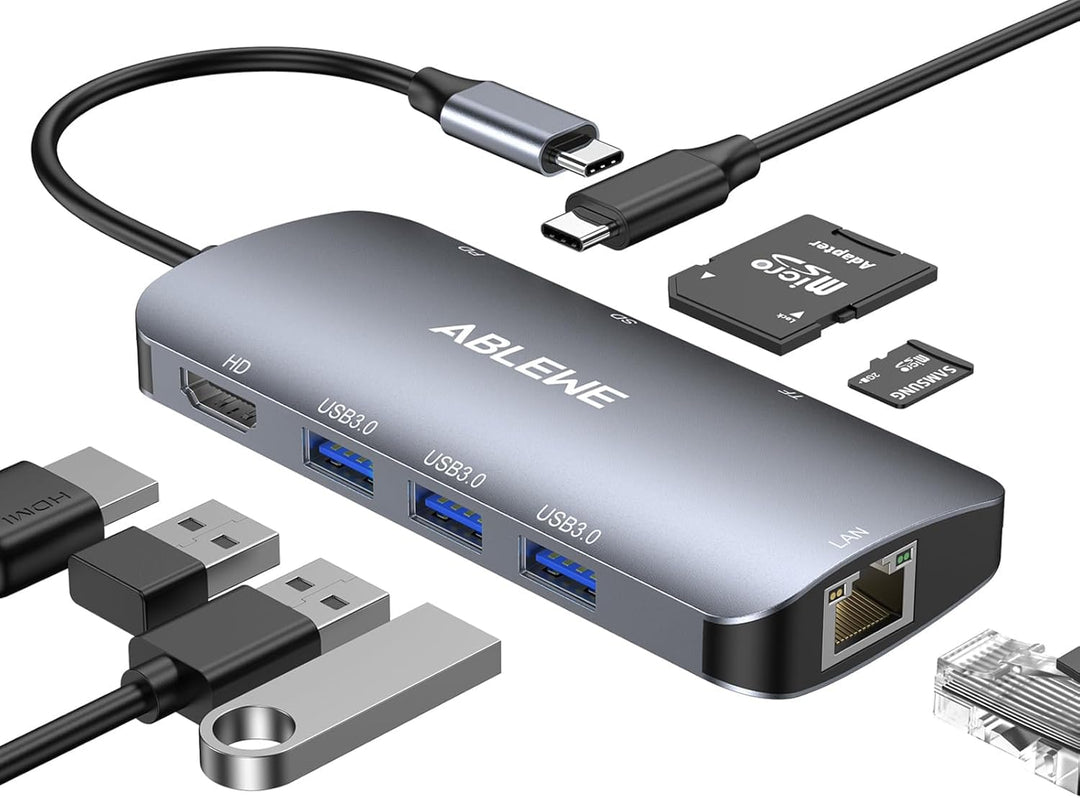 USB C Hub ABLEWE 8 in 1 USB C Adapter mit 1000M Ethernet RJ45 LAN, 4K HDMI, 87W PD, SD/TF Kartenlese