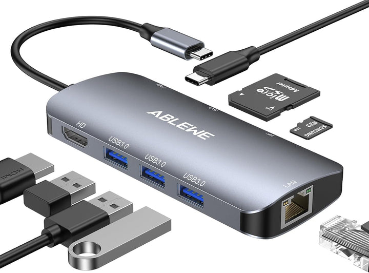 USB C Hub ABLEWE 8 in 1 USB C Adapter mit 1000M Ethernet RJ45 LAN, 4K HDMI, 87W PD, SD/TF Kartenlese