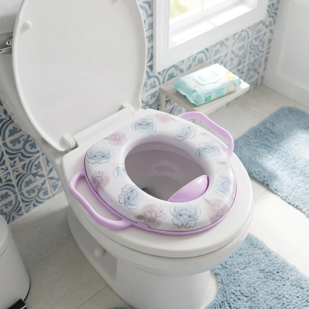 Tataway Soft Kindertoilette mit Griffen — Toilettenverkleinerer mit Disney-Stitch-Grafik — rutschfes