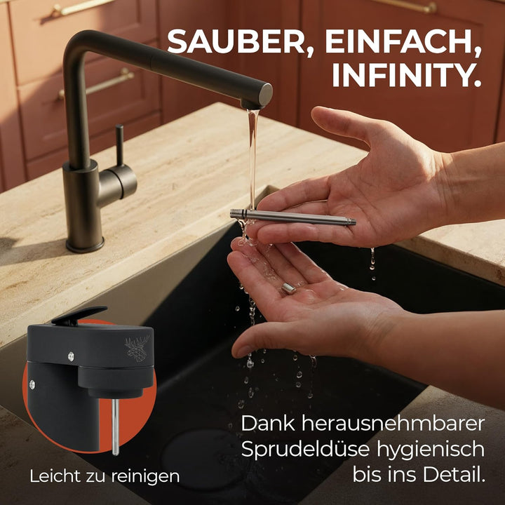 Infinity-S Wassersprudler aus hochwertigem Edelstahl (Black/Black) – inkl. 2x 1,25L Edelstahlflasche