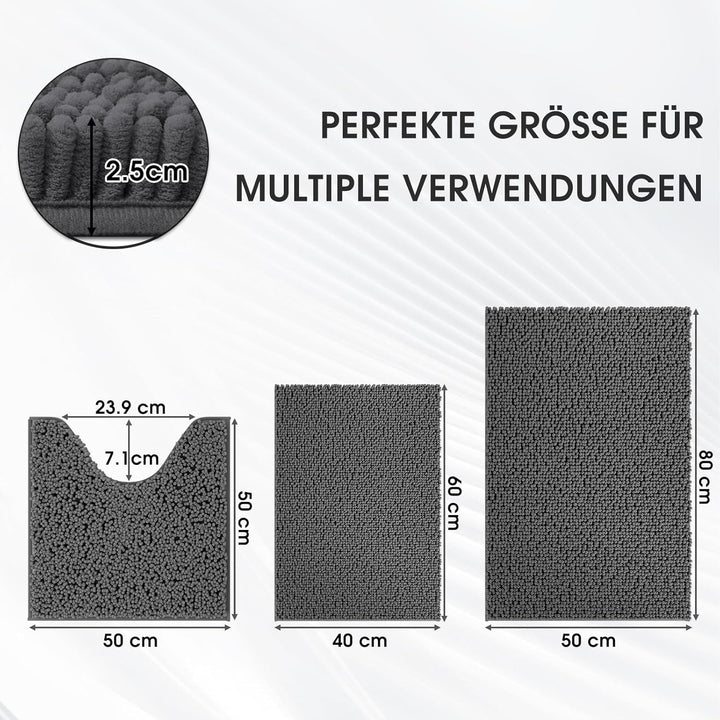 Badezimmerteppich Set 3-Teilig-Weiches Badematten Set mit Rutschfester, Chenille Saugfähige Badteppi