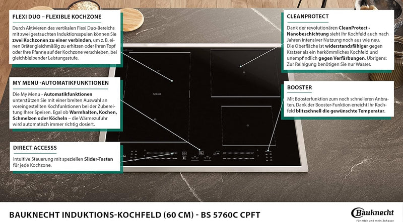 Bauknecht BS 5760C CPFT Induktions-Kochfeld / 60 cm/CleanProtect – mühelose Reinigung nur mit Wasser