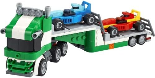 LEGO 31113 Creator 3-In-1 Rennwagentransporter Spielzeug LKW mit Anhänger, Kran und Boot, Rennwagen