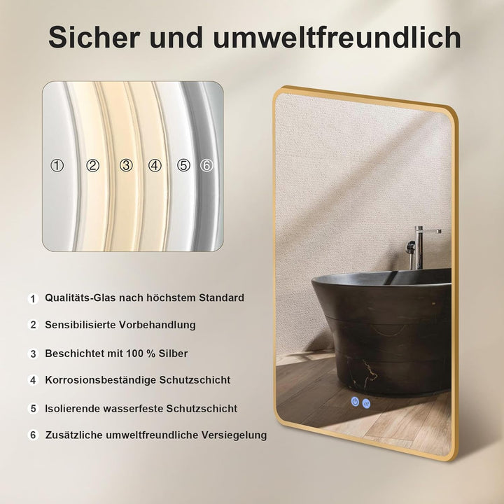Badspiegel Led Beleuchtung Rechteck 70x100/100x70cm, Wandspiegel mit Antibeschlag und mit Touch Scha