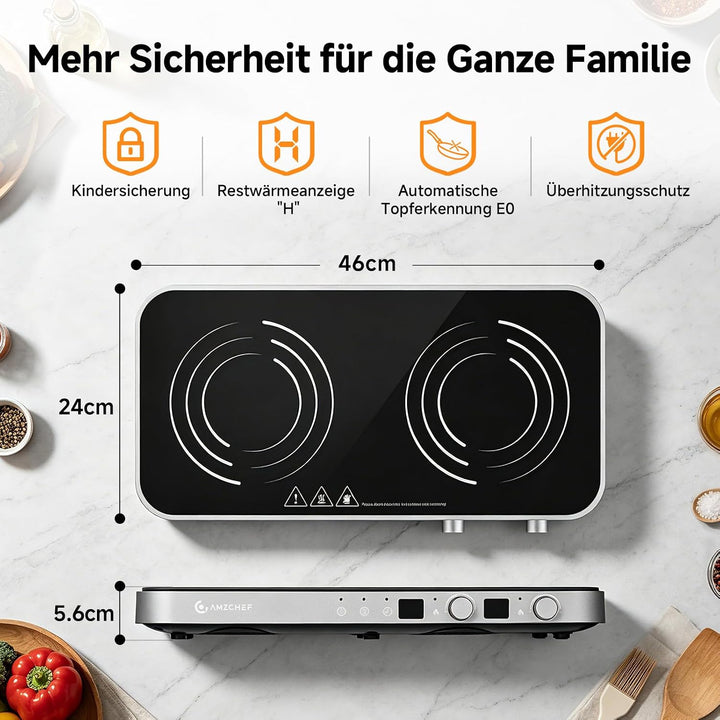 AMZCHEF 3000W Induktionskochfeld 2 Platten, Tragbares Doppelinduktionskochplatte mit Abnehmbarer Gri