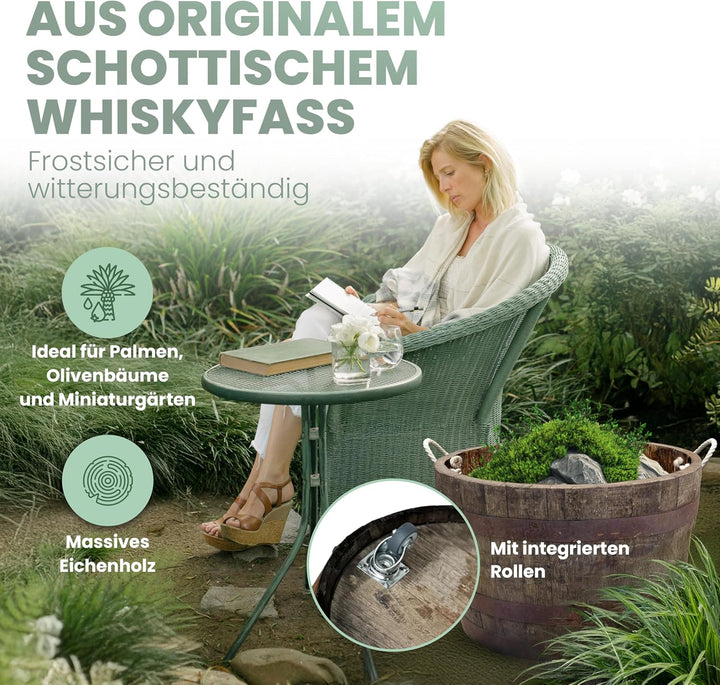 Temesso Halbes Fass rund aus einem original schottischen Whiskyfass (Natur - mit Schlaufen und Rolle
