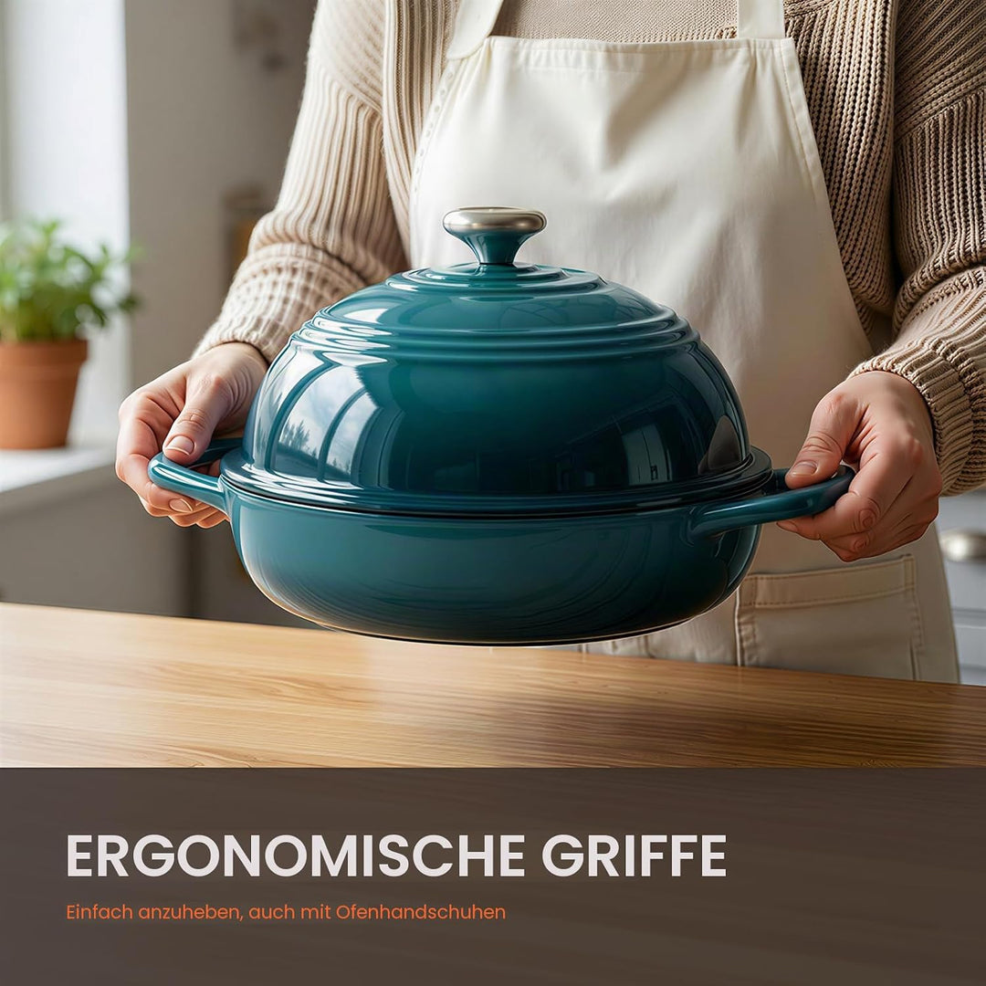 Overmont Gusseisen Topf Emaille Brotbacktopf - 5.7L Bräter Schmortopf mit Deckel und Kochbuch – für