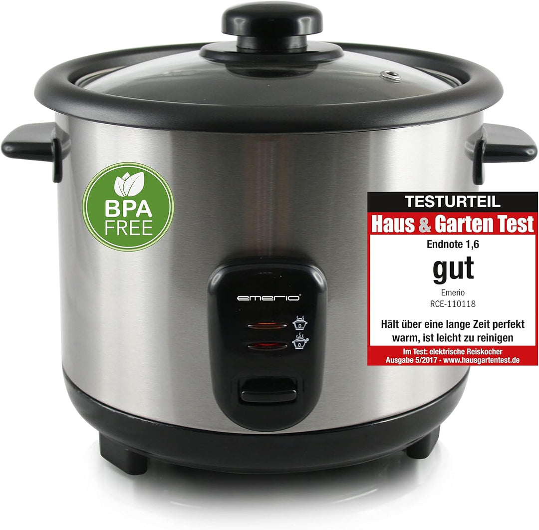 Emerio automatischer Eco Reiskocher, BPA frei, mit 1.5L Volumen, Warmhaltefunktion, Auto Off, Antiha