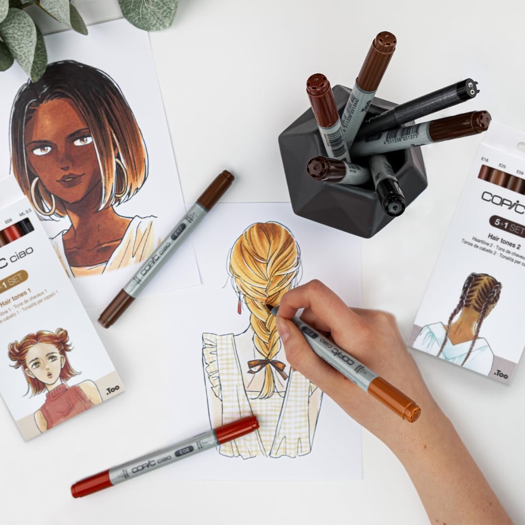 COPIC Ciao Marker Set 5+1 Hair Tones 1, Blisterpackung mit 5 Markern + 1 Multiliner 0,3 mm, für Skiz