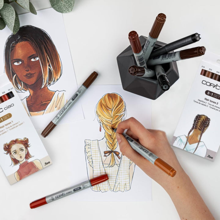 COPIC Ciao Marker Set 5+1 Hair Tones 1, Blisterpackung mit 5 Markern + 1 Multiliner 0,3 mm, für Skiz