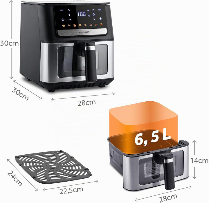 Berdsen Heissluftfritteuse XL 6,5L - Airfryer mit Sichtfenster und Touchscreen - 1700W - 8 Programme