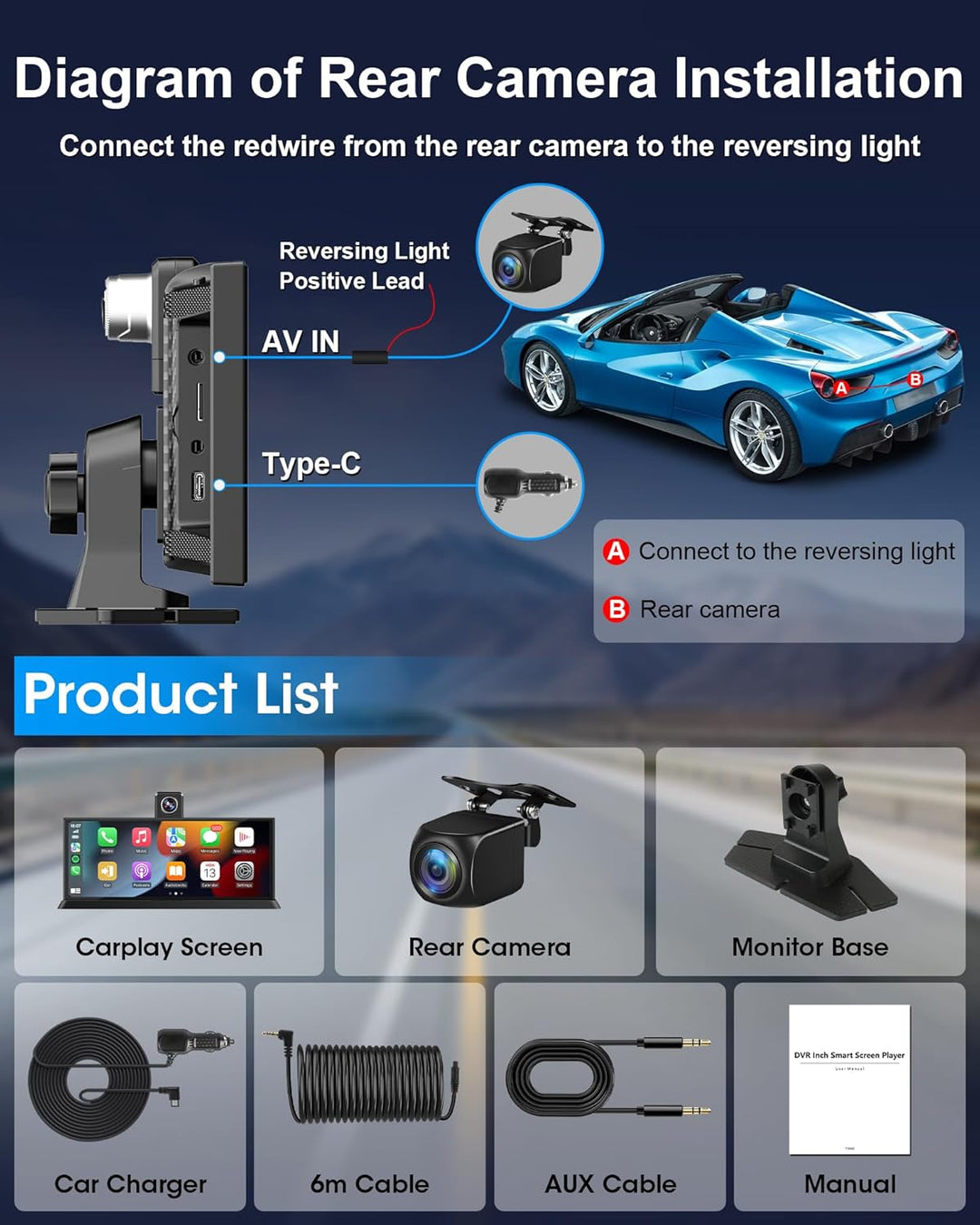 11,26 Zoll Carplay Display 4K Carplay Android Auto Display mit 350° Frontkamera 64G SD Karte Auto Di