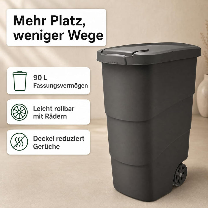Mülltonne 90 L mit Deckel &amp; Rädern, Abfallbehälter Schwarz