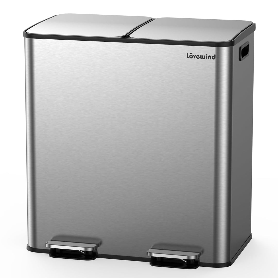 lovewind Mülleimer, 2 x 30L Mülleimer Küche, Doppeleimer für Recycling und Abfall, Silber, Mülleimer