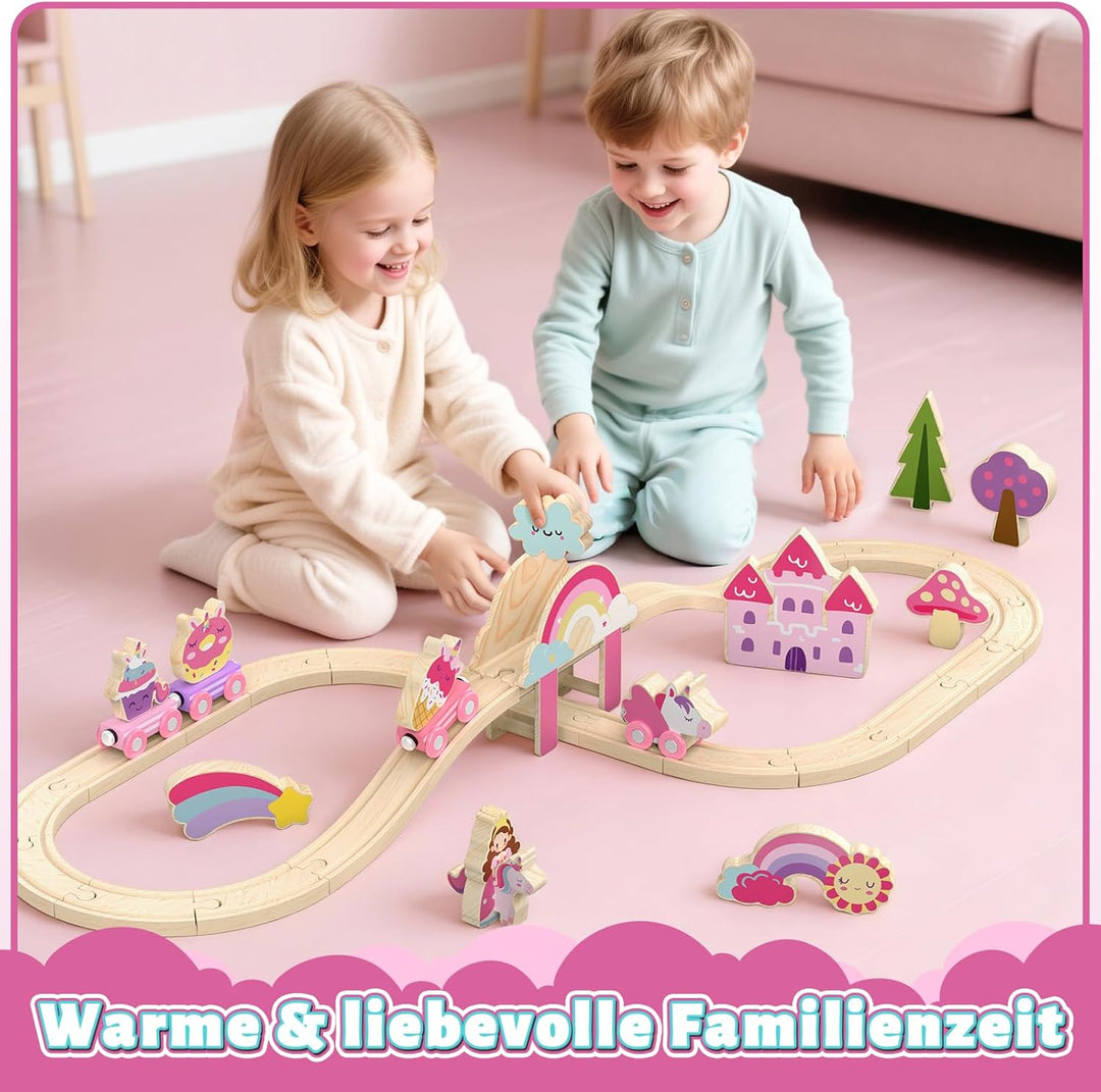 Lehoo Castle Holzeisenbahn für Mädchen, Holz Eisenbahn Kinder, Eisenbahn Holz, Einhorn Spielzeug, Sp