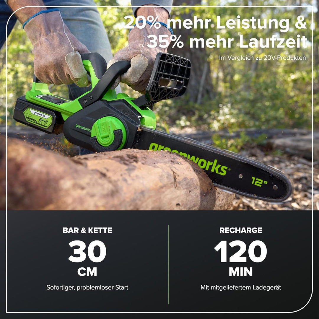 Greenworks GD24CS30K4 Akku Kettensäge mit 24V 4Ah Akku und Ladegerät, bürstenlosem Motor, 30 cm Blat
