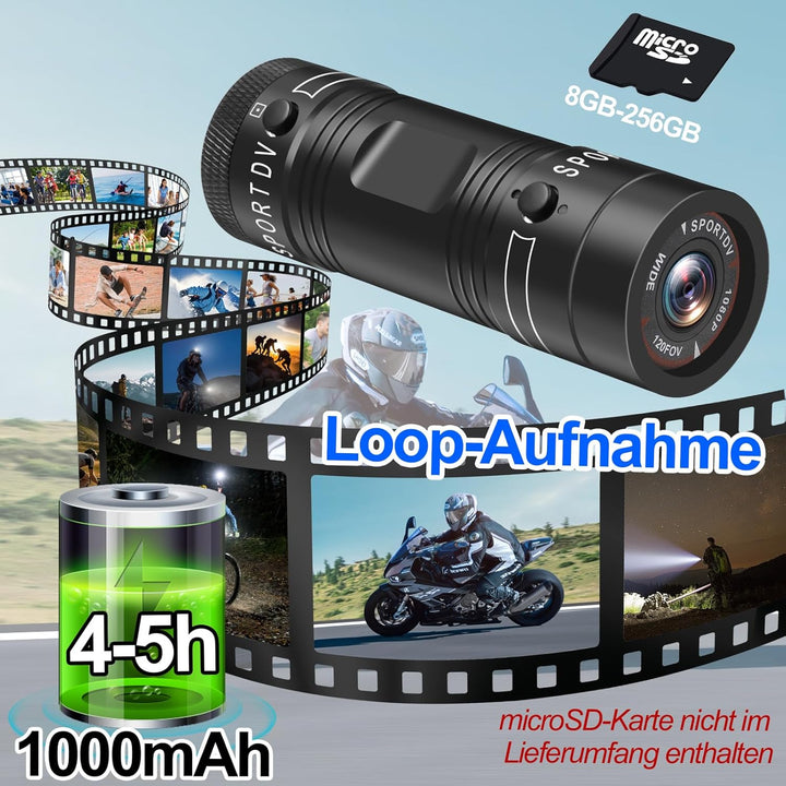 Action Cam, 1080P HD & 120° Weitwinkel Helmkamera, 1000mAh Hochleistungsakku & IP63 wasserdicht Acti