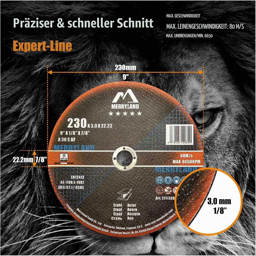 Merryland Trennscheibe 230 Metall Stahl Edelstahl für Winkelschleifer, 230 X 3,0 mm Dünn Flexscheibe