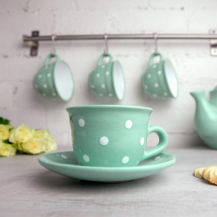 City to Cottage® - Kaffeebecher Teetasse 250 ml | Türkis und Weiss | Polka Dots | Handgemacht | Kera