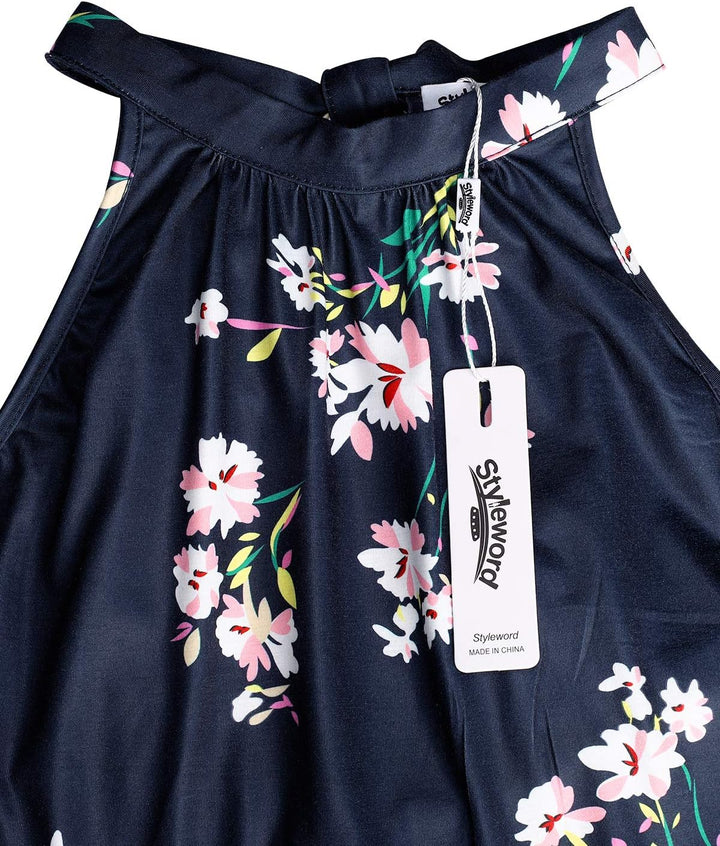 STYLEWORD Damen Neckholder Elegant Sommerkleid Ärmellos Blumenkleid Maxikleid Lange Strandkleid S Fl
