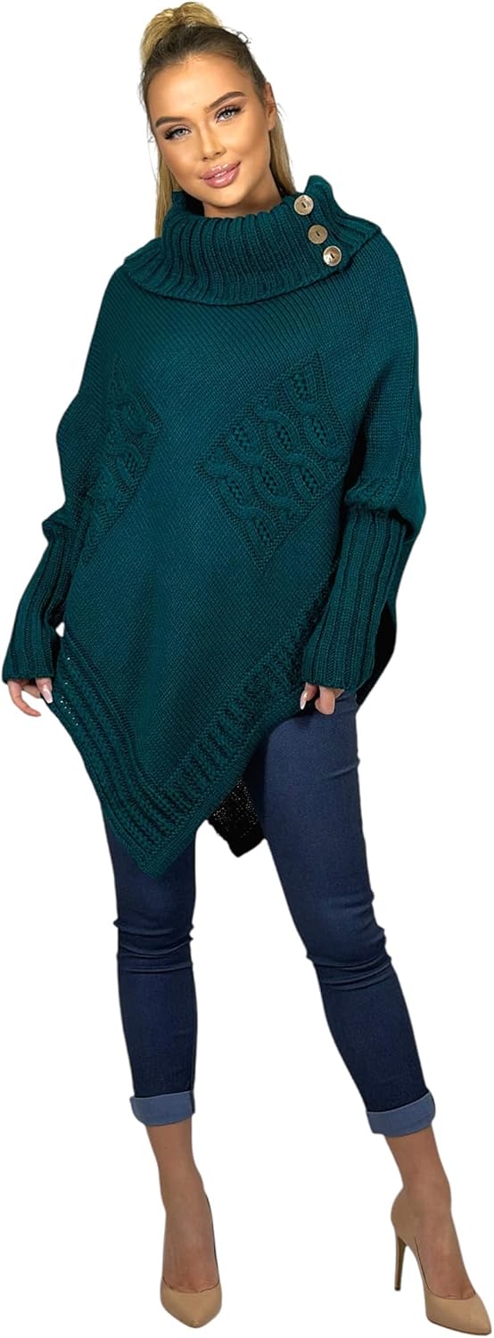 Mississhop Poncho Strick Sweatshirt Pullover Umhang Überwurf Einheitsgrösse Petrol, Einheitsgrösse P