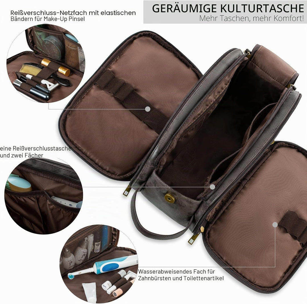 Elviros Kulturbeutel Herren, Geschenke für Männer, PU-Leder Wasserdicht Reise Grosse Öffnung Kulturb