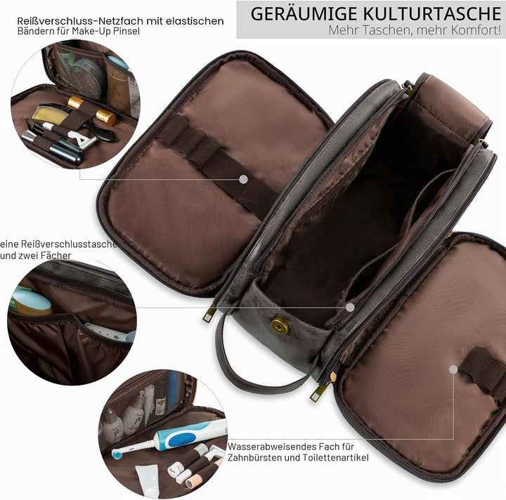 Elviros Kulturbeutel Herren, Geschenke für Männer, PU-Leder Wasserdicht Reise Grosse Öffnung Kulturb