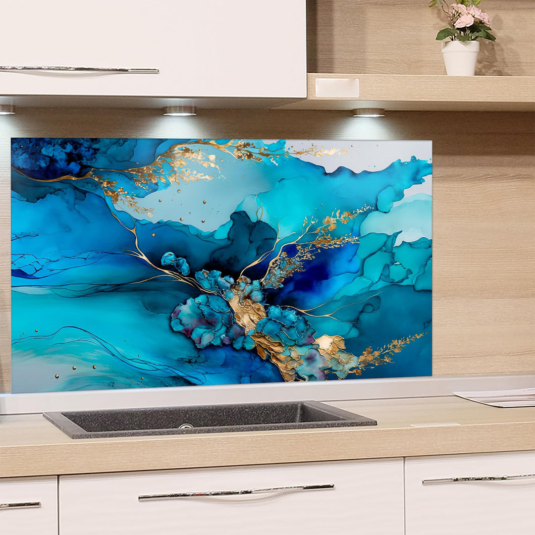 GRAZDesign Spritzschutz Küchenrückwand Glas Küche für Herd &amp; Küchenspüle, Marmor Blau, türkis mit go
