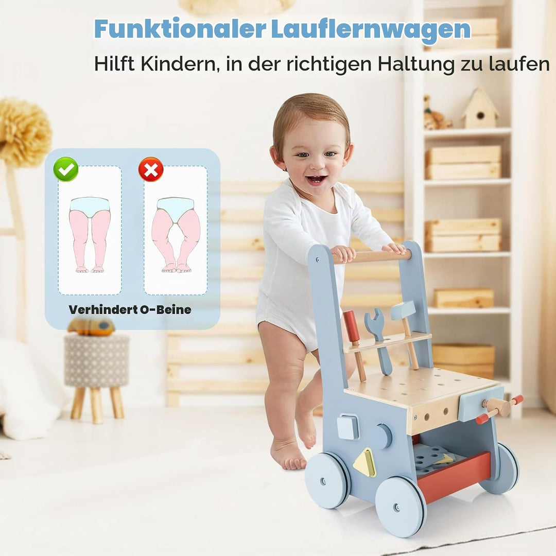 FANTASK 2 in 1 Lauflernwagen, Lauflernhilfe aus Holz, Montessori Kinder Werkbank Spieltisch, Multi-A