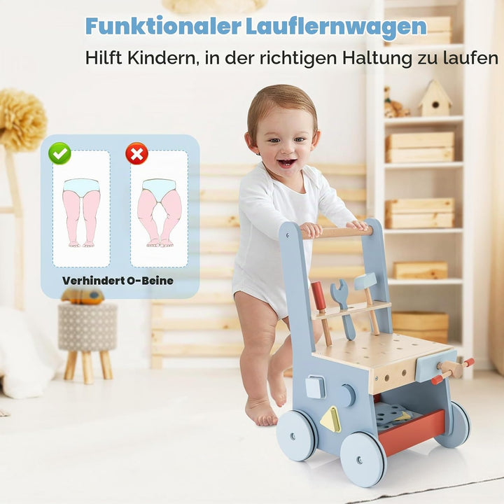 FANTASK 2 in 1 Lauflernwagen, Lauflernhilfe aus Holz, Montessori Kinder Werkbank Spieltisch, Multi-A