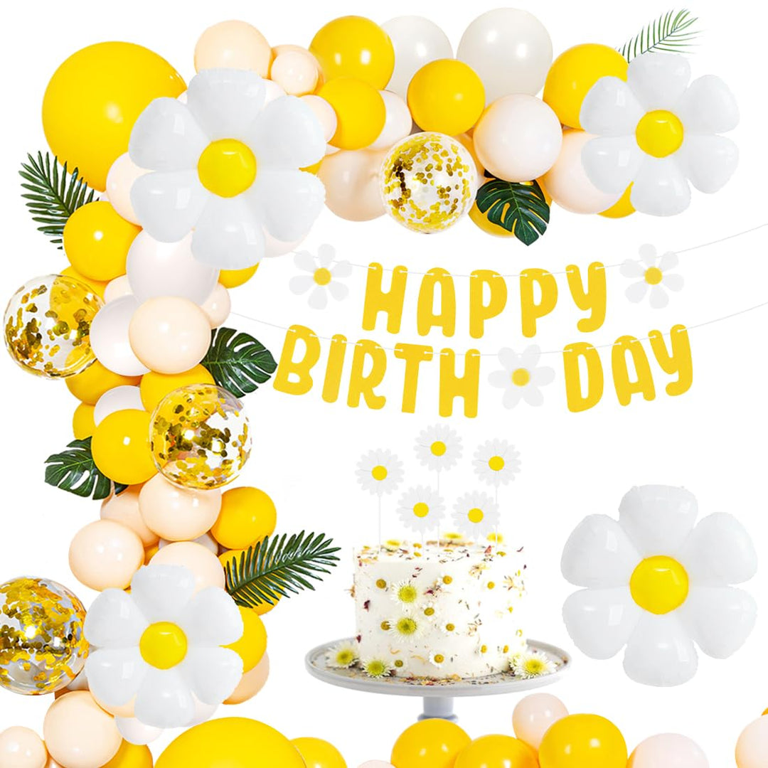Gänseblümchen Geburtstag Luftballons Set, XXL Gänseblümchen Folienballons mit Happy Birthday Girland