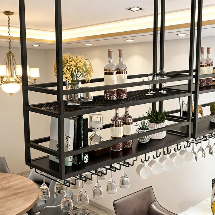 Industrielle Deckenregal Weinregal mit Glashalter, Hängend Metall Weinflaschenhalter, 2 Lagiger Häng