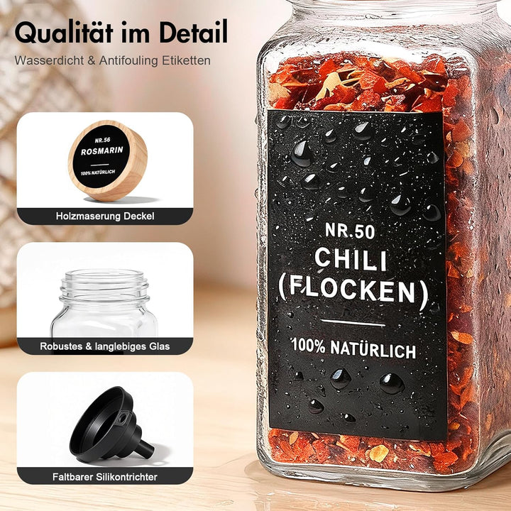 Gewürzgläser eckig mit Holzmaserung Deckel Set 24er : 120 ml Gewürzdosen Glas mit Etiketten & Streue