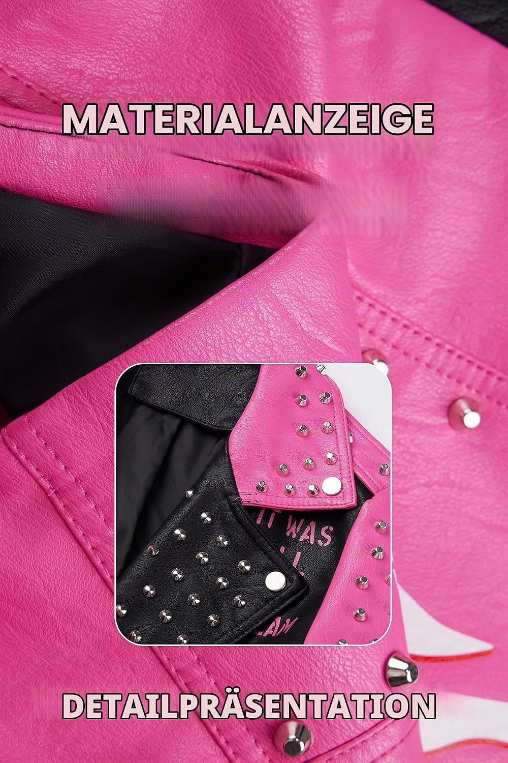 Giolshon Damen Kunstleder Jacke Nieten Floral Moto Biker Kurzer Revers Mantel 3XL 0376_Rosa, 3XL 037