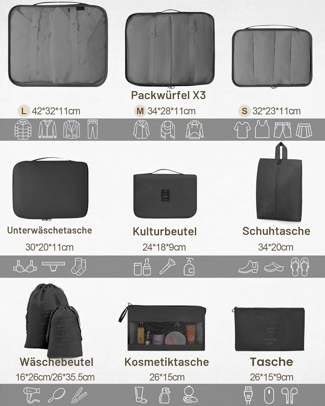 Anjing koffer Organizer 10-teilig, Packing Cubes, leichte Reisegepäck-Organizer, wasserdicht, platzs