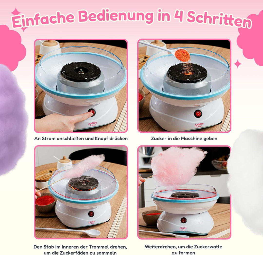 CANDY LAMA Zuckerwattemaschine für Zuhause | Cotton Candy Machine mit Stäbchen und Messlöffel | Zuck