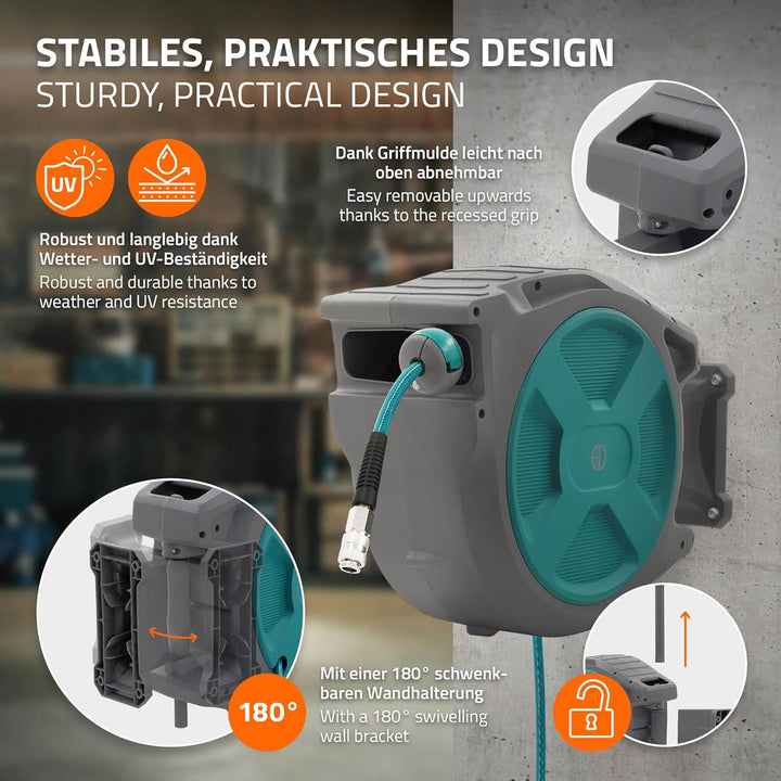ECD Germany Druckluftschlauchtrommel 30m+2m, Automatischer Aufroller mit Arretierfunktion, 1/4" Ansc