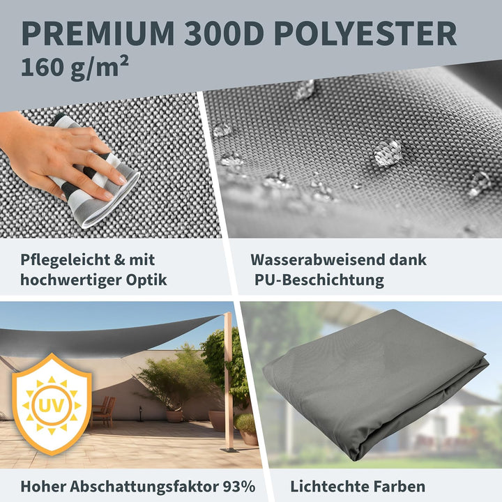 TTL Garden 2,6x2,6m Sonnensegel Quadrat anthrazit - Premium Polyester 300D 160g/m² 93% Abschattung -