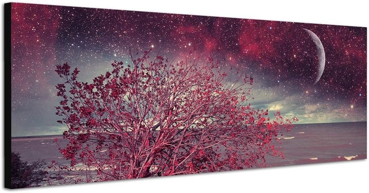Paul Sinus Art Panoramabild auf Leinwand und Keilrahmen 150x50cm Meer Küste Busch Nacht Sterne Mond