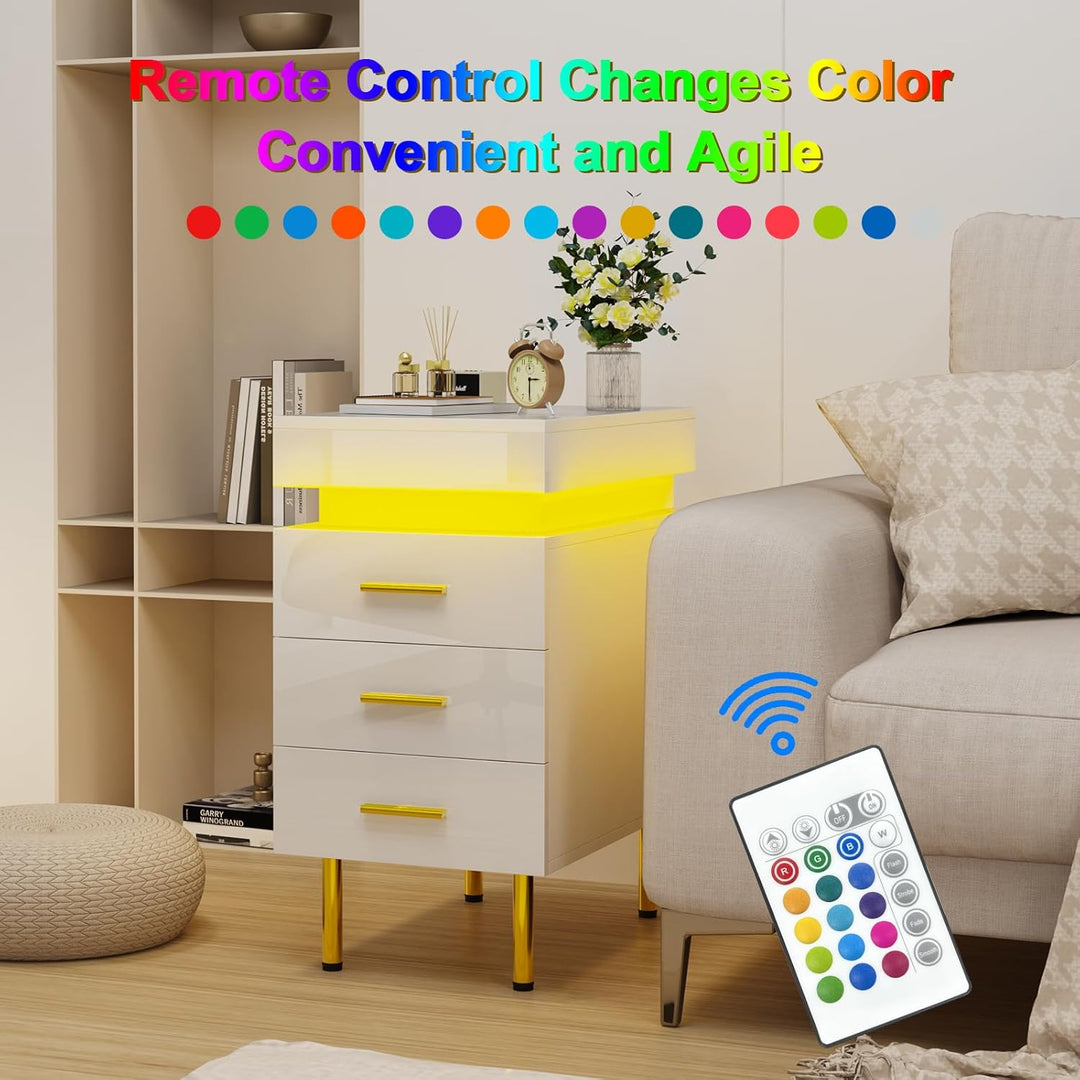 PIPIPOXER 2er Set Nachttisch mit LED, Nachttisch mit Steckdose & USB, Nachtkommode mit 3 Schubladen